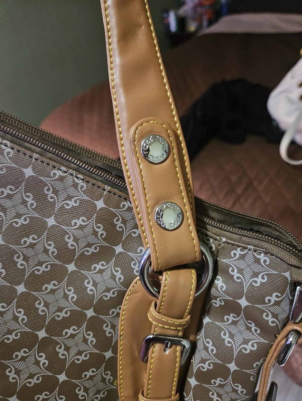 💥Sale💥Neutral Tan Patterned XD Shoulder Bag with Leather Trim - Picture 10 of 13